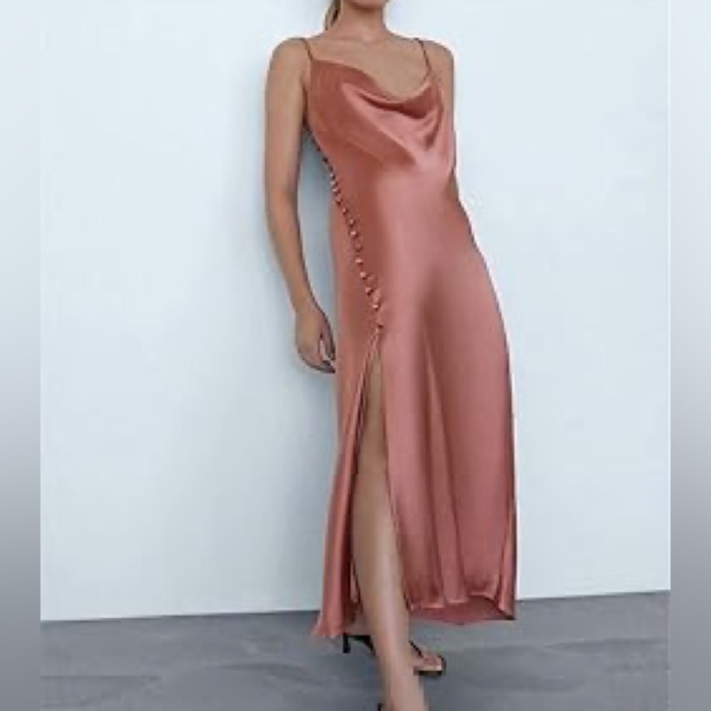 Zara Dusty Pink Elegant Satin Slip Dress in Button high Slit XS
